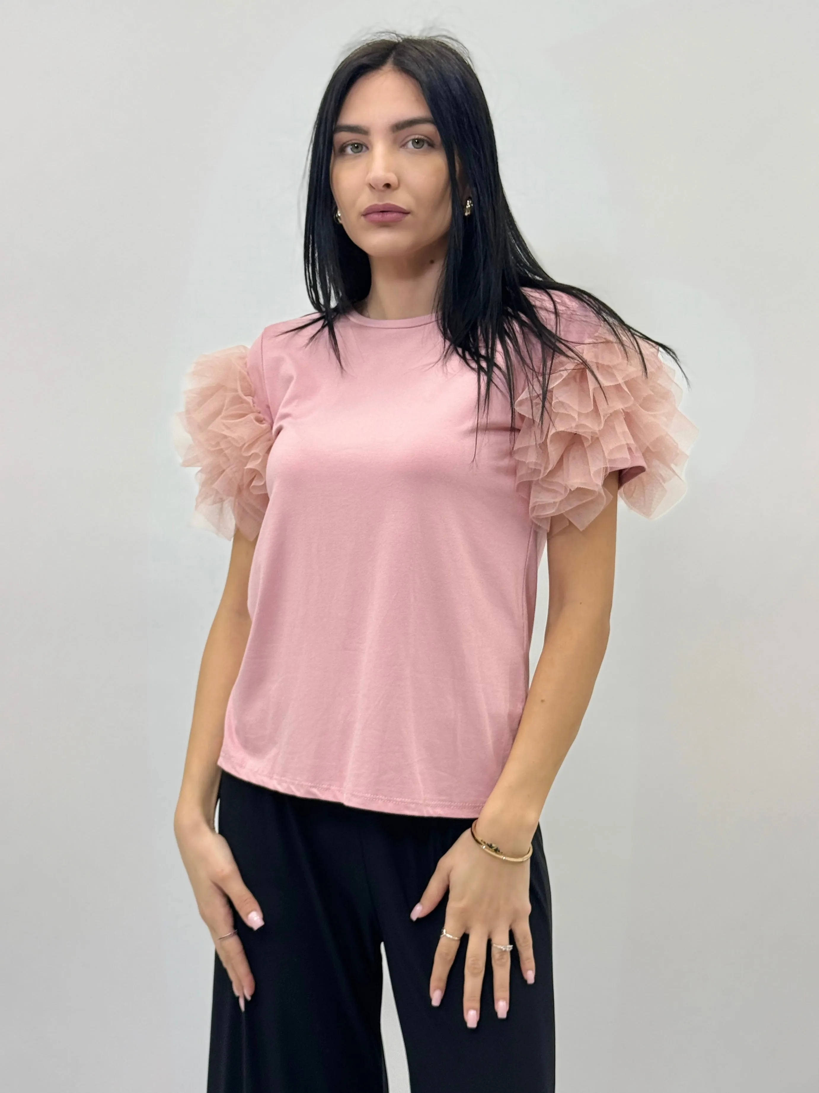 T-SHIRT CON MANICHE IN TULLE