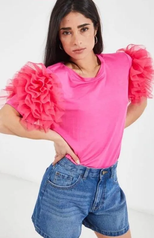 T-SHIRT CON MANICHE IN TULLE