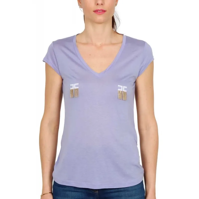 T-SHIRT SCOLLO A V CON CATENE, GLICINE