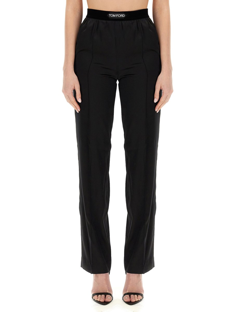 TOM FORD    STRETCH SILK SATIN LOGO PANTS