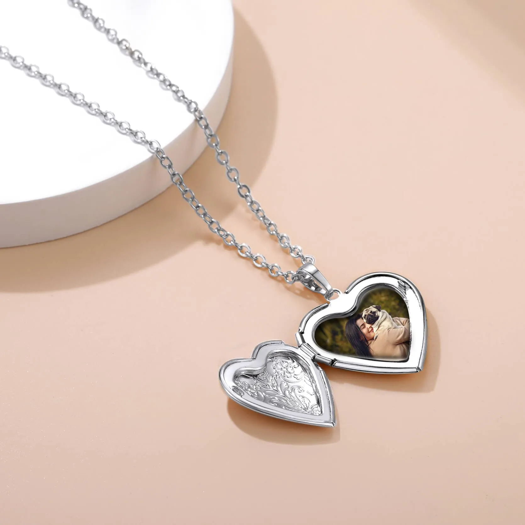 U7 Jewelry Engraved Heart Photo Locket Necklace With Flower