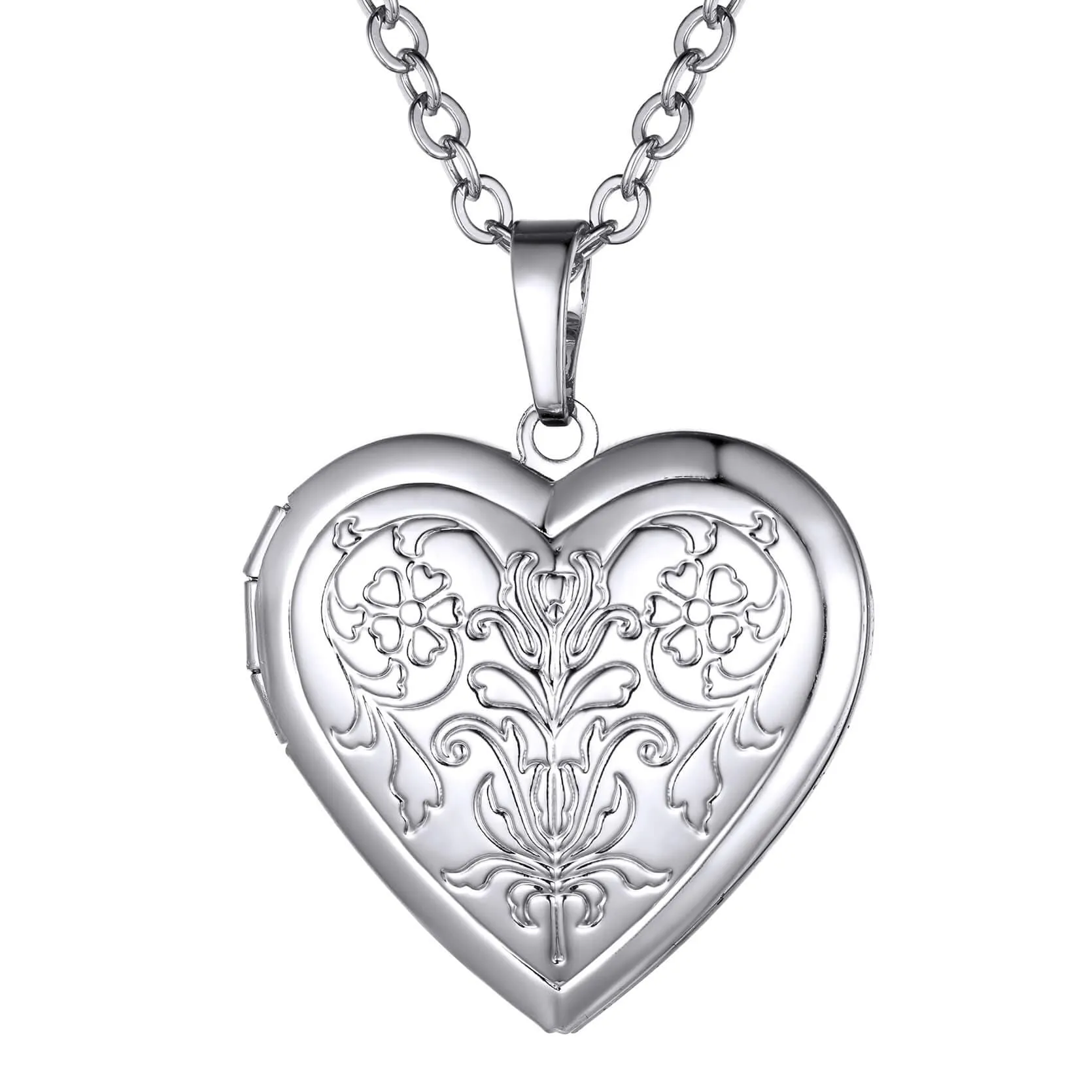 U7 Jewelry Engraved Heart Photo Locket Necklace With Flower