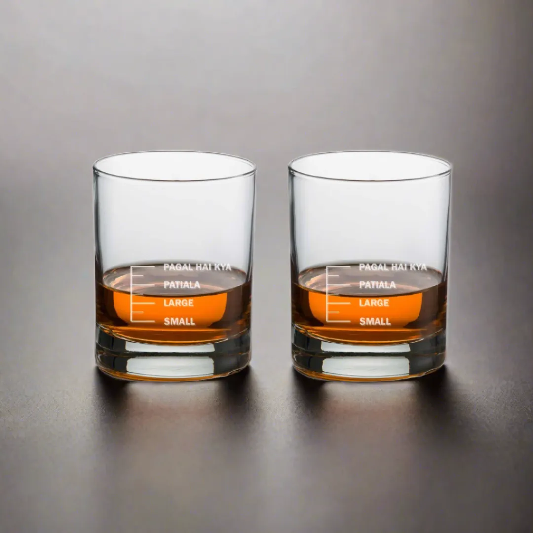 Whiskey Glasses SET OF 2 -  Anniversary Birthday Gift Funny Gifts for Husband Bf - SMALL LARGE PATIYALA PAGAL HAI KYA