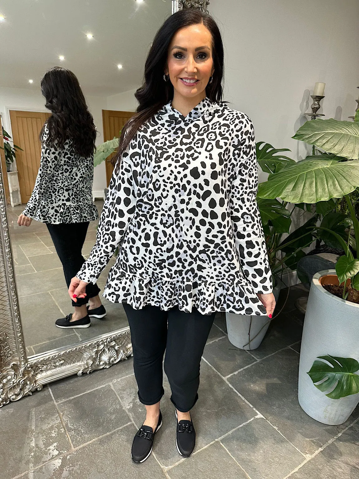 White Leopard Print Frill Hem Hooded Sweatshirt India