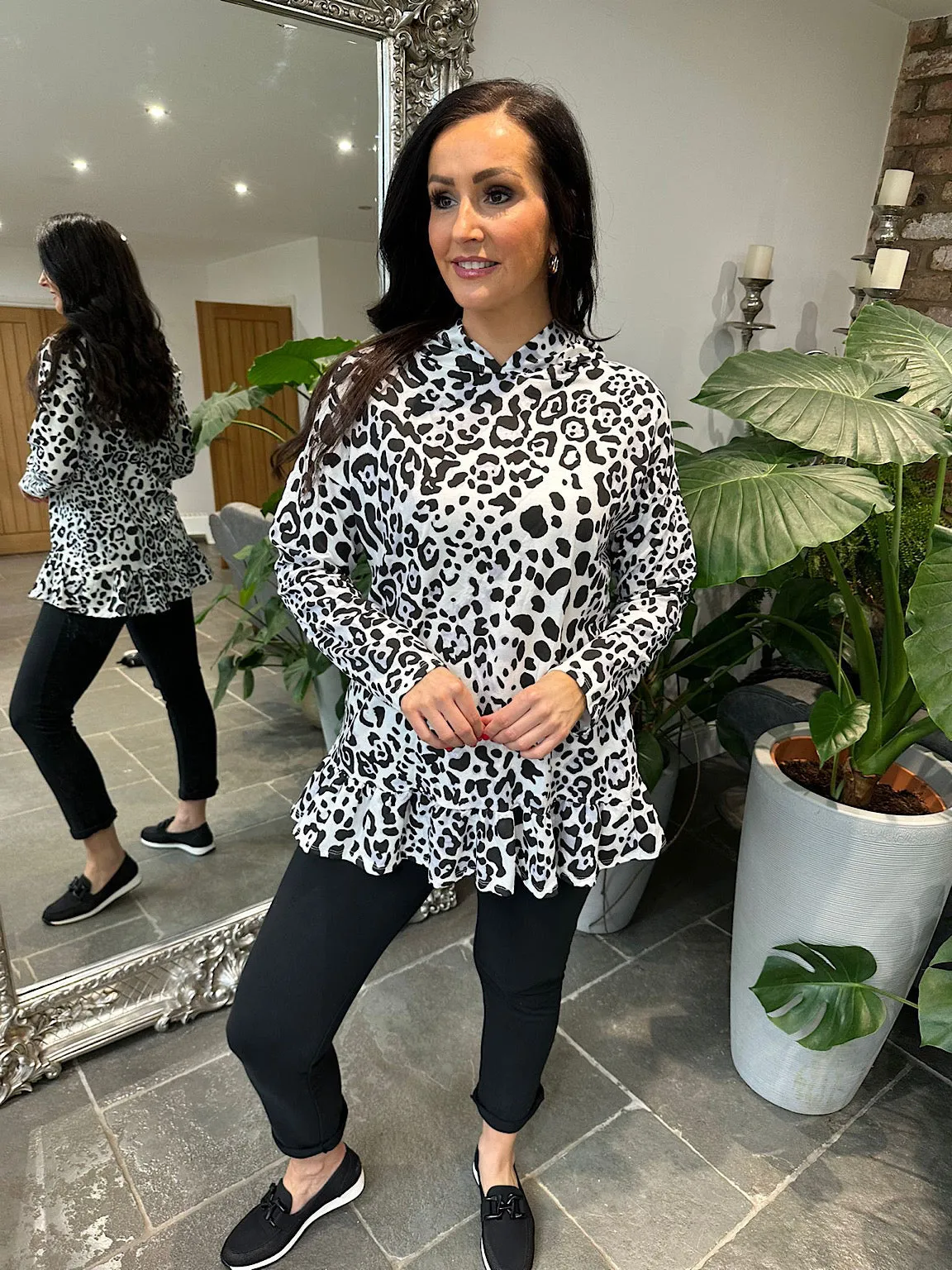 White Leopard Print Frill Hem Hooded Sweatshirt India