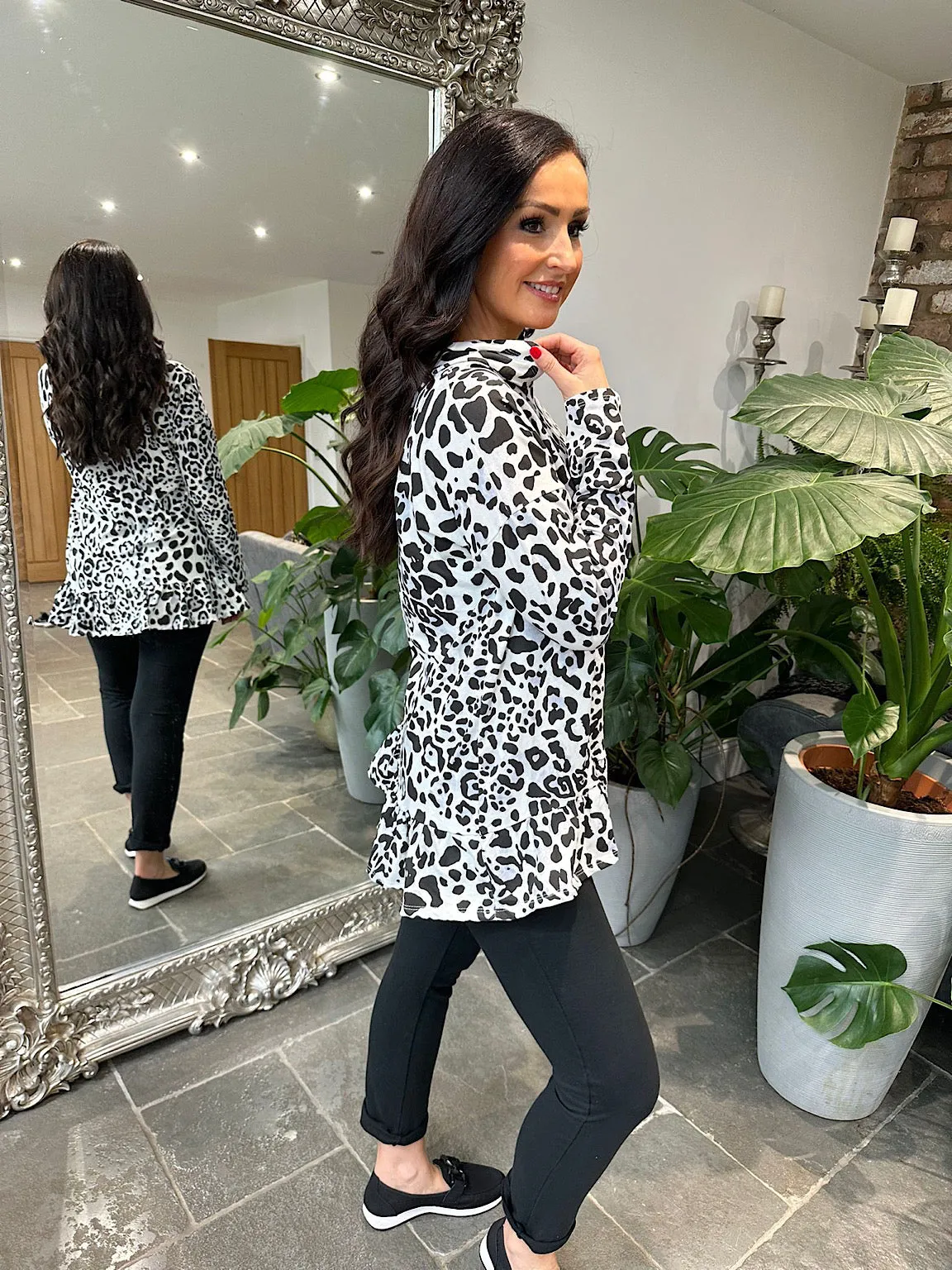 White Leopard Print Frill Hem Hooded Sweatshirt India