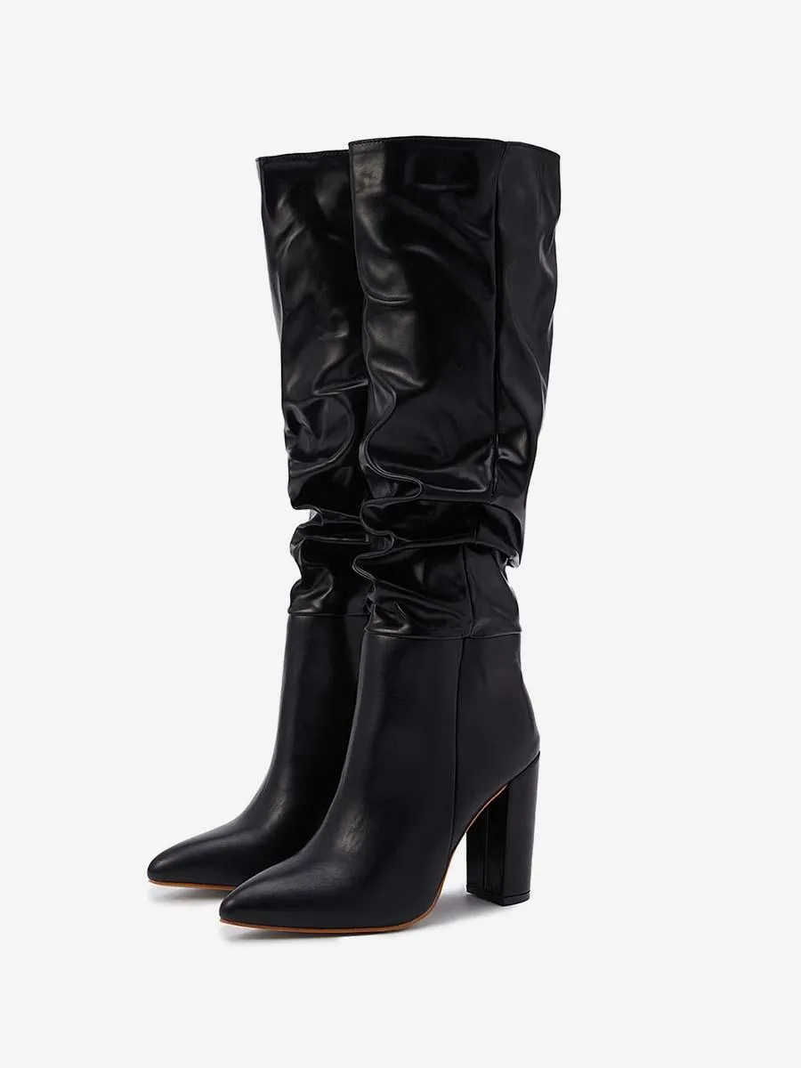 Women Boots Black Chunky Heel Pointed Toe Martin Boots Knee High Boots