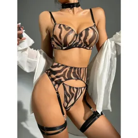 Women's Sexy Silk Wild Leopard Print Stockings Lingerie Underwear 4pc Set